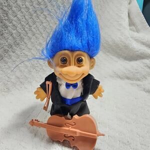 Copied - CELLIST / CELLO - 5" Russ Troll Doll -BLUE Hair Tuxedo Vintage 90s